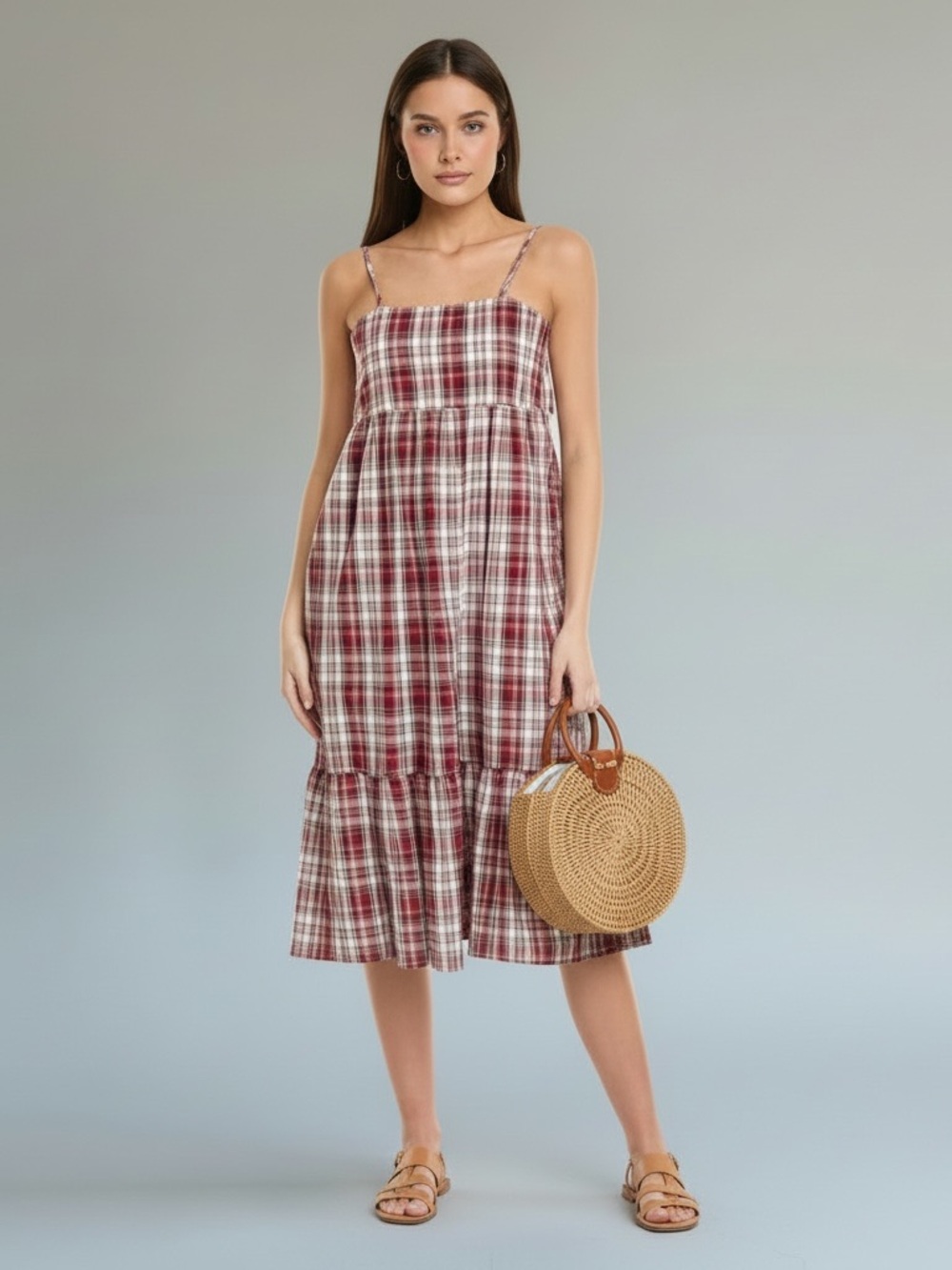 Anthropologie Maronie Plaid Tie Shoulder Midi Ruffle Bottom Dress Picnic Girl